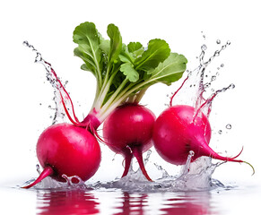 Three fresh red radishes with leafy greens exploding in crystal water splash, bright studio macro on white for healthy salad, vegan cooking, and farm-fresh produce.