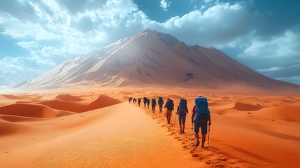 A determined group of hikers embarks on a challenging trek across vast desert sand dunes towards a majestic mountain under a dramatic cloudy sky