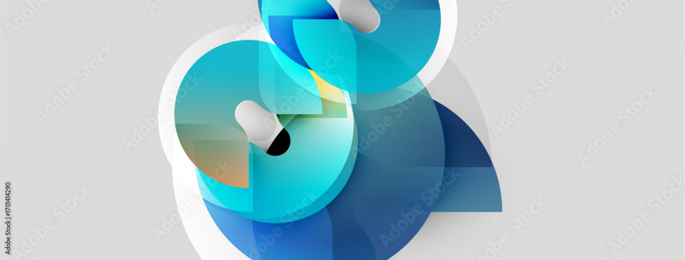 Poster abstract shapes overlap, creating dynamic blue composition. smooth gradients suggest depth, light in
