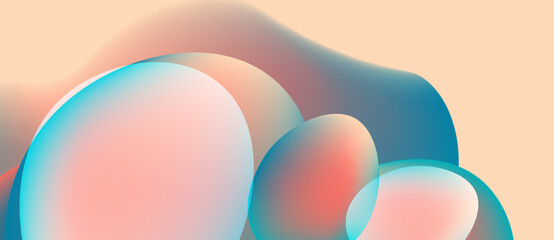 Abstract fluid shapes blend, creating soft gradients. Peach, teal hues dominate composition. Smooth textures suggest liquid movement.