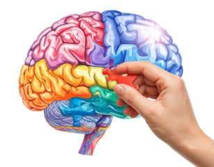 Human Hand Placing Puzzle Piece into Illustrated Brain for Mental Health Concept, Transparent PNG
