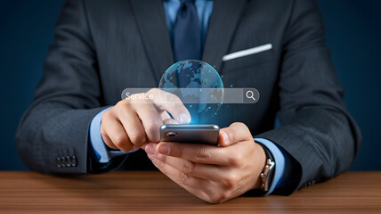 Professional man searches for global service solutions on smartphone with digital earth interface