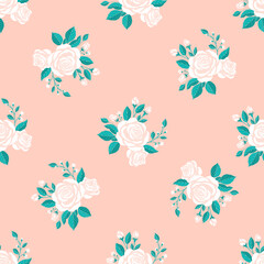 Elegant seamless pattern featuring white roses with green leaves on a soft pink background. Perfect for fabric, wallpaper, and feminine designs.