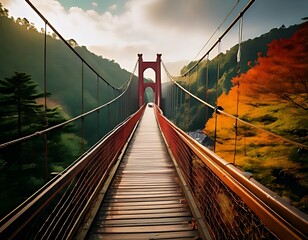 A suspension bridge spanning a valley, painted with autumn colors