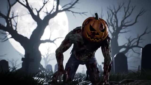 Pumpkin zombie Rising Out Of A Graveyard cemetery and church In Spooky scary dark Night full moon bats on tree. Holiday event halloween banner background concept.