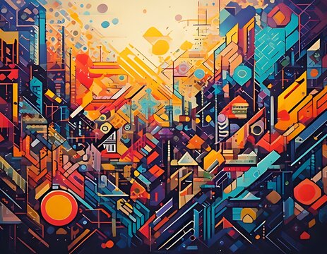 Abstract cityscape with geometric shapes and vibrant colors