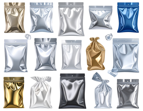 Assorted metallic pouches displayed, isolated on black, suggesting packaging options