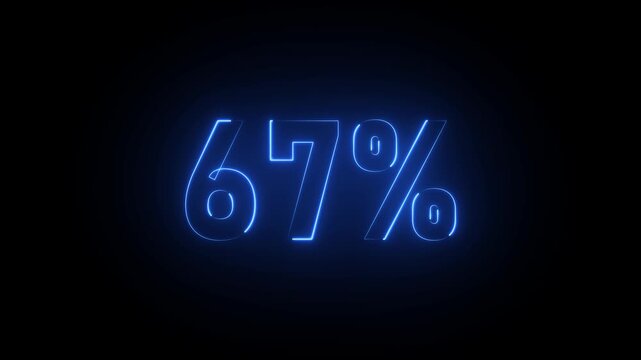 Blue neon 67 percent sign on black background sixty seven percent