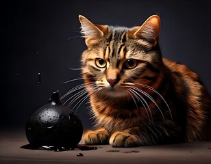 A tabby cat gazes at a spilled ink pot