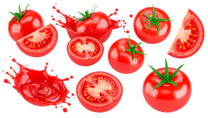 Tomatoes splash, sliced & whole, isolated on black background, suitable for food, cooking, or ingredient use