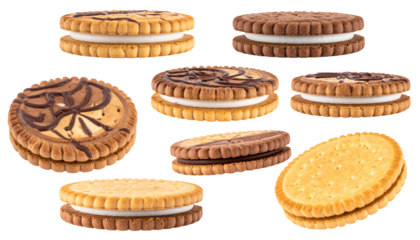 Assorted sandwich cookies arranged isolated on white, focus on dessert, food, baked goods for commercial use