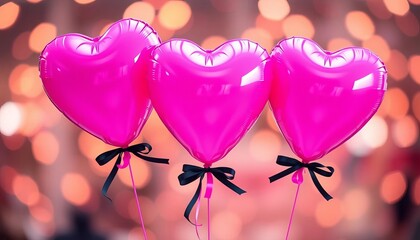 Fototapeta premium Three pink heart balloons with black ribbons, bokeh lights, digital art, illustration, black background