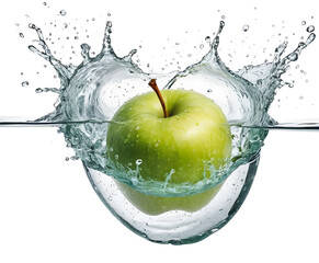 Fresh green apple diving into a crystal bowl splash on white, bright fruit macro for health, juice, and clean-eating lifestyle visuals.