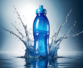 Upright blue sport bottle with dynamic splash and reflections, crisp studio hydration icon for fitness, outdoor travel, and healthy lifestyle campaigns.
