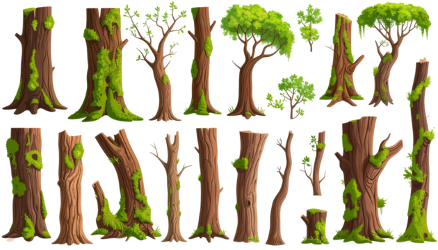 Collection of various cartoon tree trunks with detailed moss, bark, and foliage