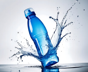 Blue sport water bottle captured mid-splash at an angle, modern hydration concept for fitness, travel, and active lifestyle advertising.