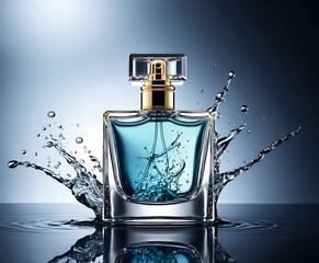Elegant square turquoise perfume bottle with gold atomizer and reflective water splash, luxury fragrance still life for beauty packaging and premium branding.