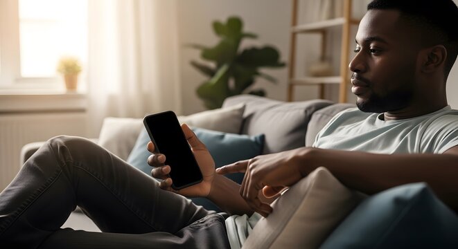 African American man relaxes at home using mobile phone - Powered by Adobe
