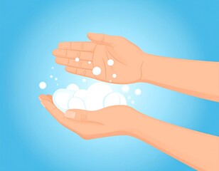 Hands lathered with soap bubbles on a light blue background