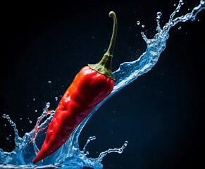 chili peppers flipping through a vivid blue splash on black, spicy fresh ingredient for bold culinary, street-food, and recipe visuals.