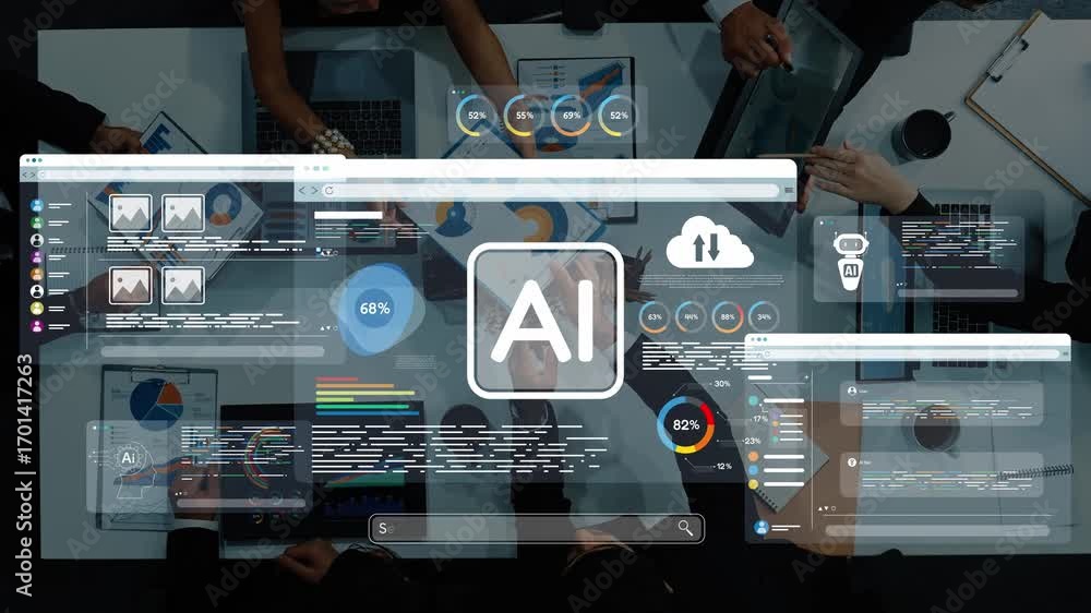 Poster a dynamic meeting scene featuring professionals interacting with advanced digital interfaces. the vi
