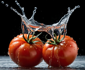 Ripe tomato bursting through a clear splash on dark gradient, vivid fresh produce macro for farm-to-table, salads, and antioxidant-rich recipes.