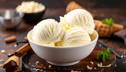 Vanilla ice cream scoops in a white bowl.