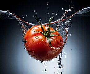 ripe tomatoes with vine stems in a dramatic splash on black, punchy studio still life for juicy natural food stories.