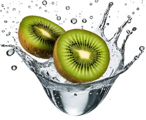 Three kiwi slices swirling in a clear glass bowl splash, crisp tropical macro for smoothies, breakfast bowls, and bright plant-based wellness layouts.