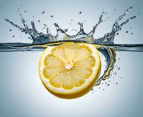 Zesty lemon half floating at the water surface with lively bubbles, bright studio citrus macro ideal for lemonade, cocktails, and healthy refreshment themes.