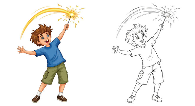 boy holding sparkler, colorful, happy, celebration clip art preview