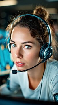 Young Woman Wearing Headset for Customer Support &ndash; Symbolizing Communication, Professionalism, Technology, and Customer Service