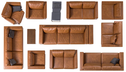 Collection of leather sofas and chairs, various arrangements and perspectives, overhead view
