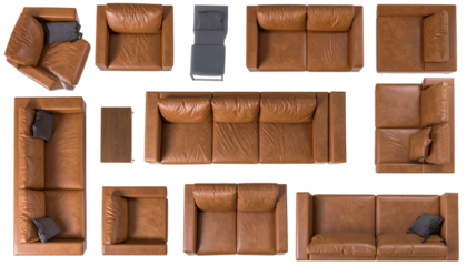 Collection of leather sofas and chairs, various arrangements and perspectives, overhead view