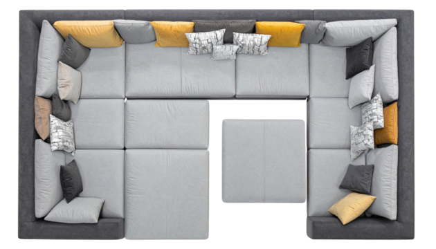 Sectional sofa in a U-shape with various gray, yellow and patterned pillows - Powered by Adobe