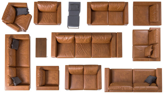 Collection of leather sofas and chairs, various arrangements and perspectives, overhead view