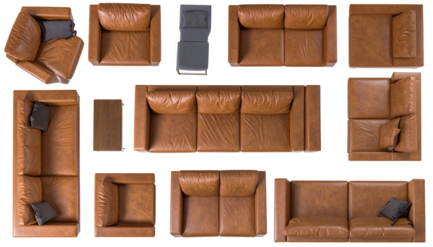 Collection of leather sofas and chairs, various arrangements and perspectives, overhead view