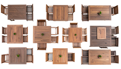 Overhead view of several wooden outdoor dining sets, each with table and chairs