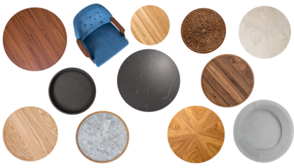 Overhead view of diverse round table surfaces & an armchair. Various textures and colors
