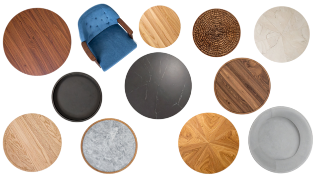 Overhead view of diverse round table surfaces & an armchair. Various textures and colors