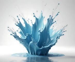 Symmetric aqua crown wave rising from a white surface, refined splash geometry for purity, hydration, and sleek minimalist product design.