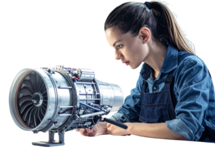 Aerospace Engineer Working on Jet Engine Model with Tools, Side View, isolated