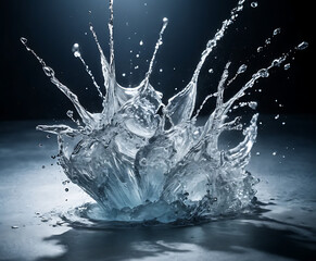 Dramatic crown splash on a deep dark stage, high-speed water impact with flying droplets for premium product advertising and energy themes
