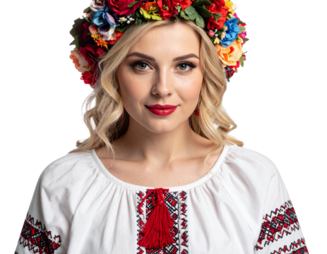 Slavic Woman in Traditional Attire with Embroidered Blouse and Floral Headpiece, Transparent PNG