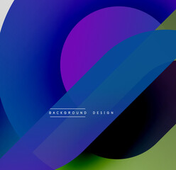 Abstract gradients overlap, creating dynamic composition. Blue, purple, green hues dominate design. Modern aesthetic, simple text elements present.
