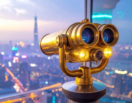 Golden binoculars overlook city skyline at sunset.