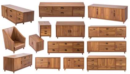Assortment of wood furniture pieces, including cabinets and chair