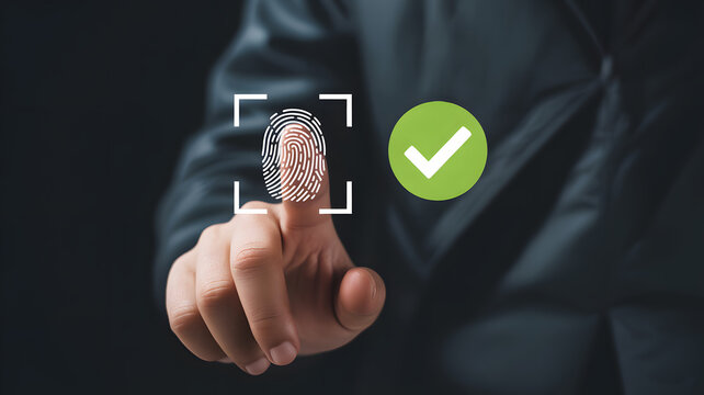 Fingerprint scan grants access with green check, modern security technology for identity verification