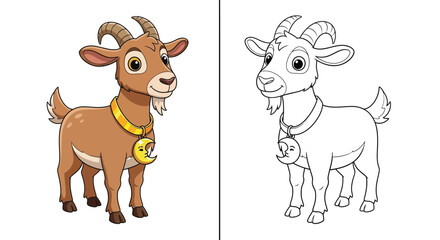 Obraz premium Adorable Goat with a Crescent Collar Ramadan Coloring Page for Holiday Kids Fun