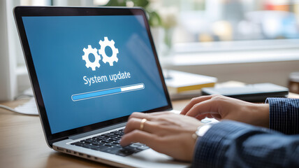 Professional types on laptop keyboard with system update screen showing progress bar icon